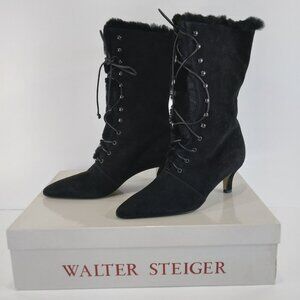 NEW Walter Steiger Black Suede Fully Lined Lace Up Boots Size 37